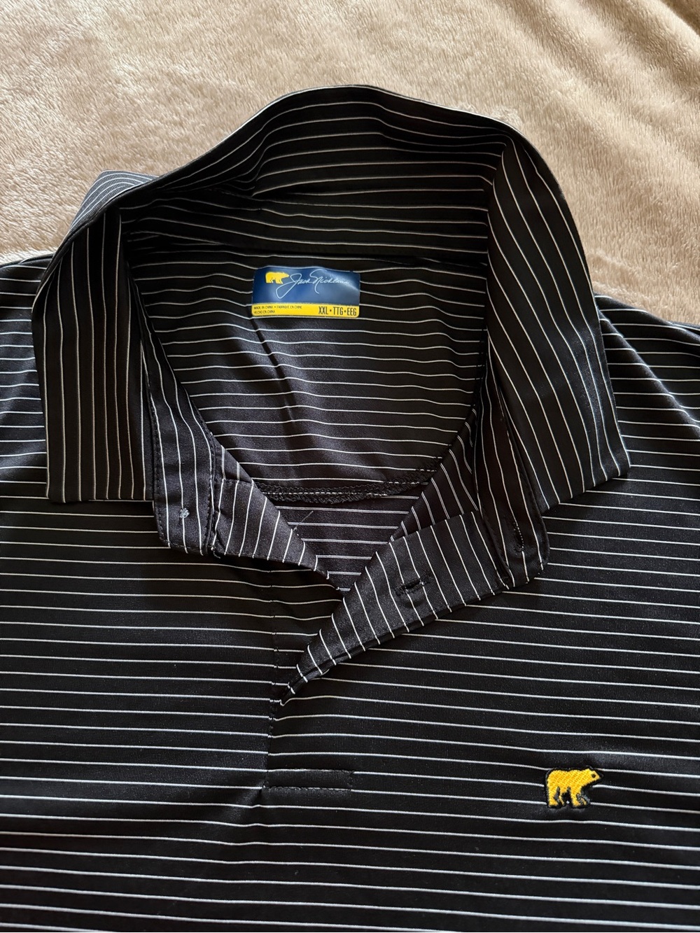 Men's Black Pinstripe Polo with Yellow Bear Emblem